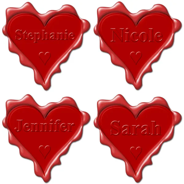 Valentine αγάπη καρδιές με το ονόματα: stephanie, nicole, jennifer, s — Φωτογραφία Αρχείου