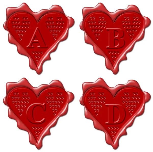 A, B, C, D Coração coleção de vedação de cera vermelha — Fotografia de Stock