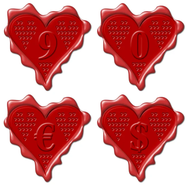 9, 0 corazón - colección de sello de cera roja —  Fotos de Stock