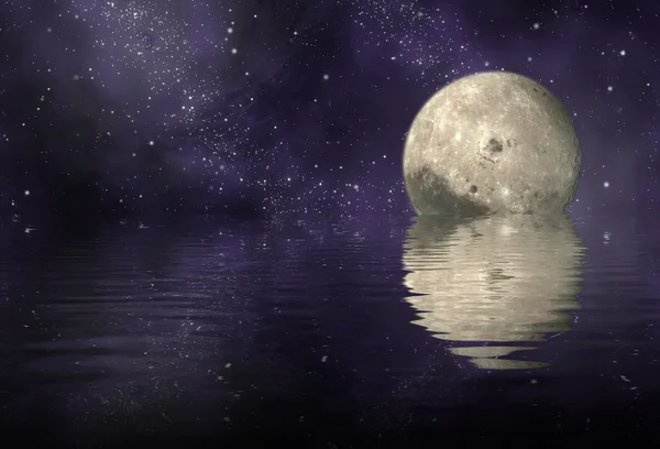 Moon in universe and reflection moon and universe on ripply wate — Stock Photo, Image
