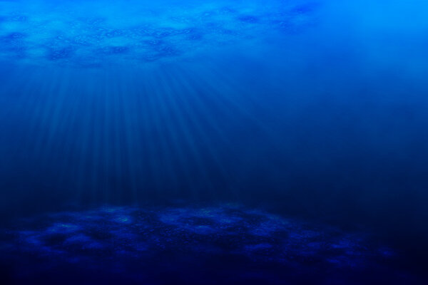 An underwater scene with sun rays shining through the water's gl