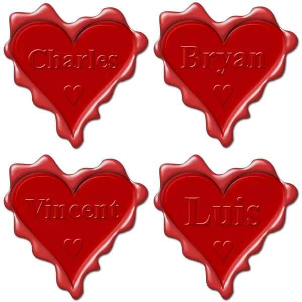 Valentine love hearts with names: Charles, Bryan, Vincent, Luis — Stock Photo, Image