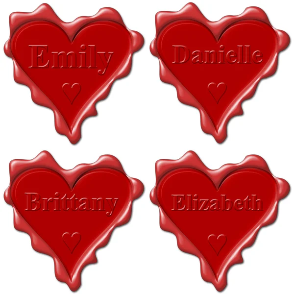 Valentine love hearts with names: Emily, Danielle, Brittany, Eli — Stock Photo, Image