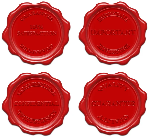 Selo de cera vermelha realista com texto: satisfação, garantia, impo — Fotografia de Stock