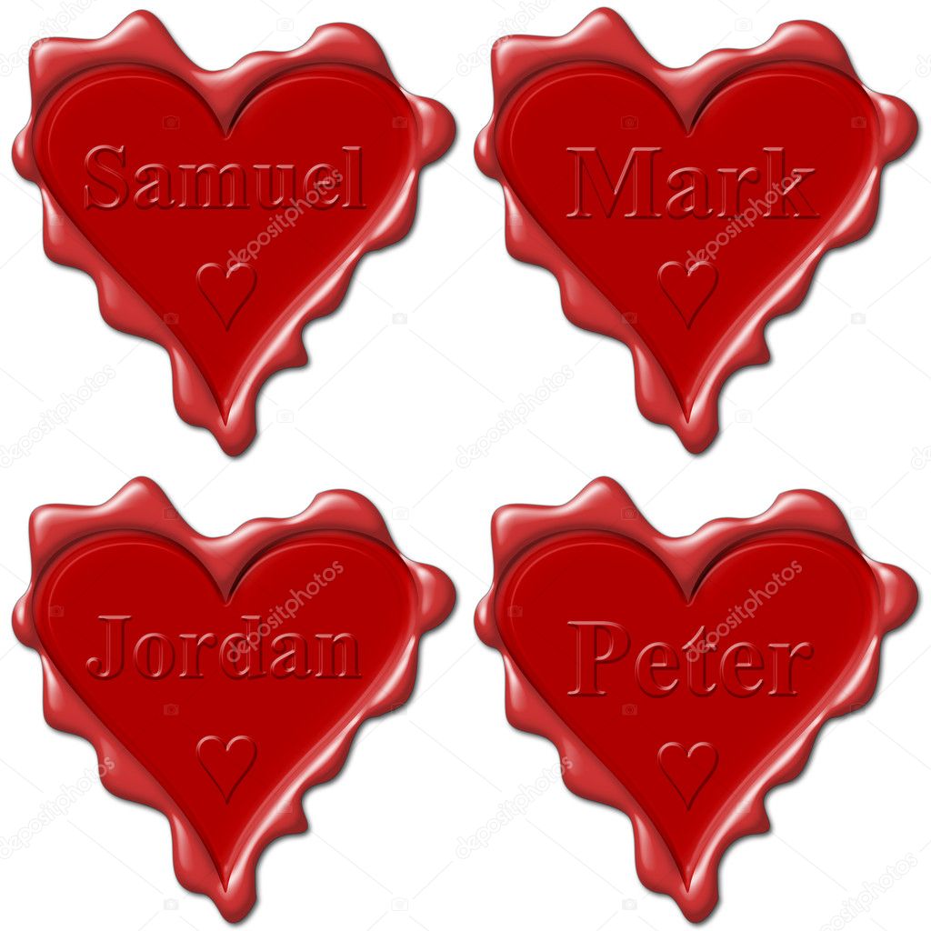 Valentine love hearts with names: Samuel, Mark, Jordan, Peter