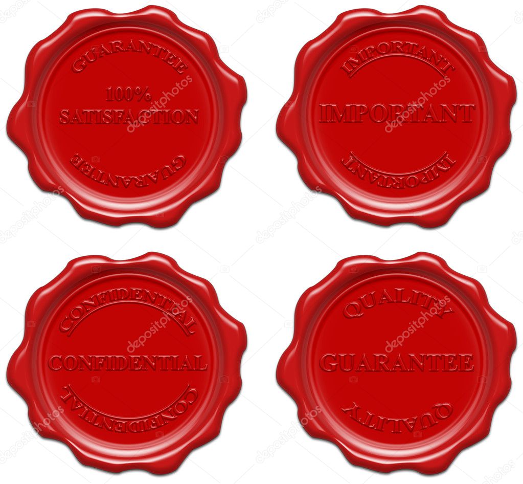 Realistic red wax seal with text : satisfaction, guarantee, impo