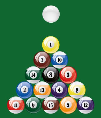 Vector set of glossy pool balls. Abstract billiard on green back clipart