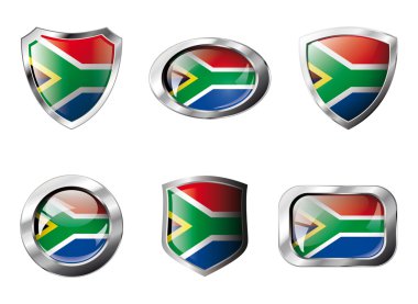 South africa set shiny buttons and shields of flag with metal fr clipart