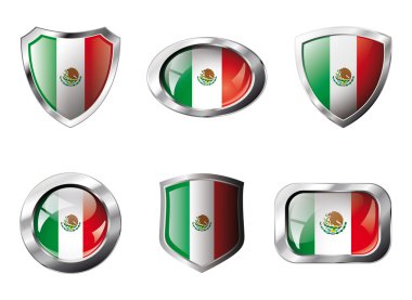 Mexico set shiny buttons and shields of flag with metal frame - clipart