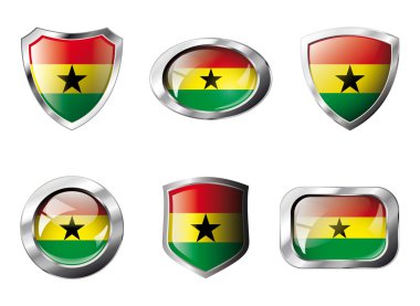 Ghana set shiny buttons and shields of flag with metal frame - v clipart