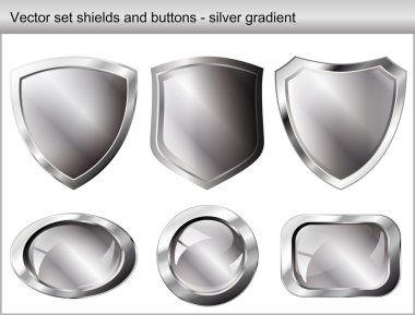 Vector illustration set. Shiny and glossy shield and button with clipart