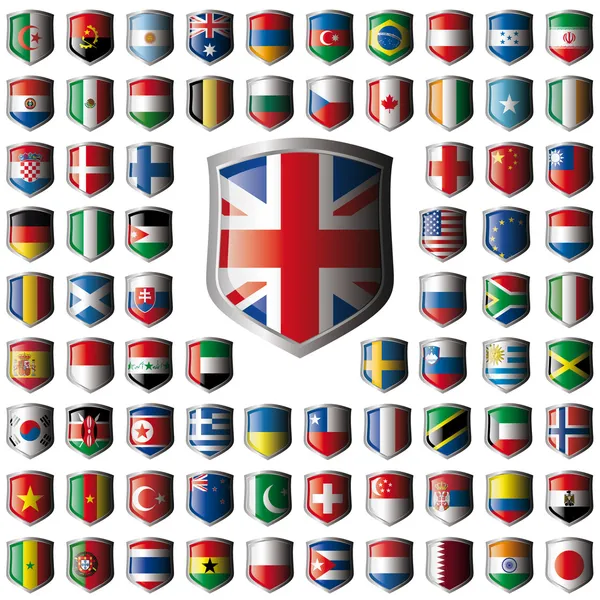 Brillantes banderas de escudo con colección de marcos de metal - vector illustr — Vector de stock