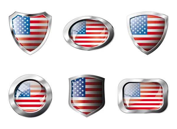 USA, Amerika sada lesklých tlačítek a štíty vlajky s kovovou fra — Stockový vektor