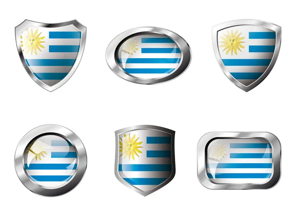 Uruguay set shiny buttons and shields of flag with metal frame - — Stock Vector