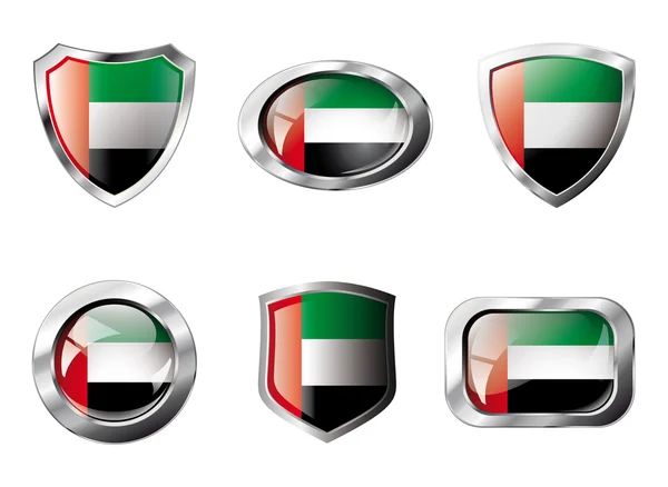 Los emiratos árabes unidos establecen botones brillantes y escudos de bandera con — Vector de stock