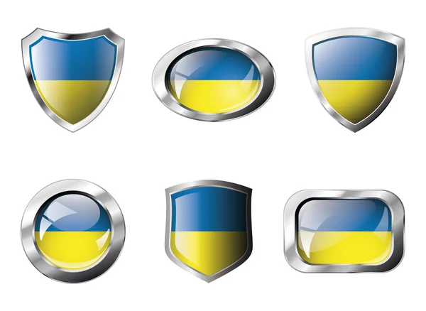 Ukraine set shiny buttons and shields of flag with metal frame - — Stock Vector