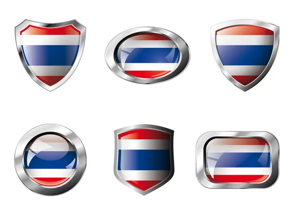 Thajsko sada lesklých tlačítek a štíty vlajky s kovovým rámem — Stockový vektor