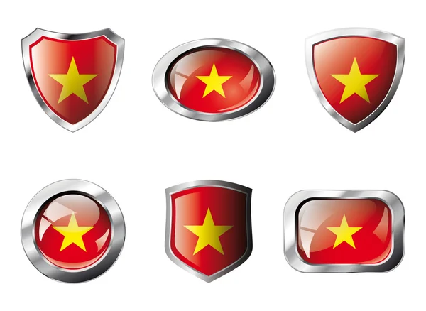 Vietnam set shiny buttons and shields of flag with metal frame - — Stock Vector