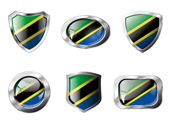 Tanzania zestaw błyszczące guziki i tarcze flagi z metalowej ramie — Wektor stockowy