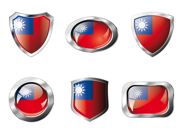 Taiwan set glanzende knoppen en schilden van vlag met metalen frame - — Stockvector