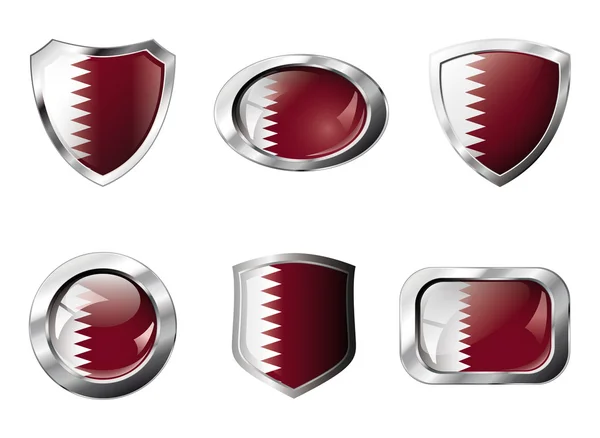 Qatar set shiny buttons and shields of flag with metal frame - v — Stock Vector