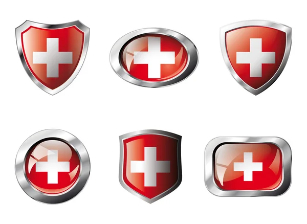 Swiss set shiny buttons and shields of flag with metal frame - v — Stock Vector