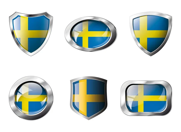 Suecia establece botones brillantes y escudos de bandera con marco de metal  - — Vector de stock