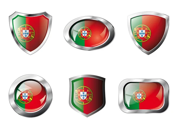 Portugal menetapkan tombol-tombol berkilau dan perisai-perisai bendera dengan bingkai logam - Stok Vektor