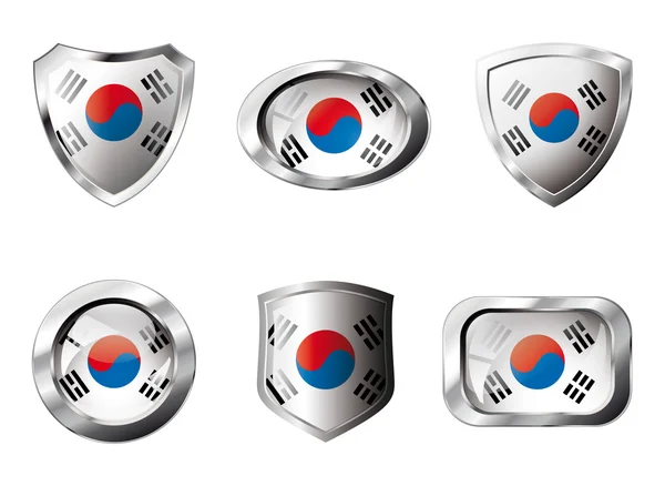stock vector South korea set shiny buttons and shields of flag with metal fra
