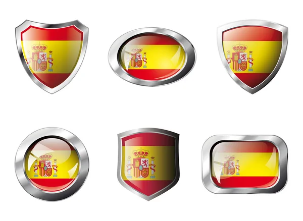 Spain set shiny buttons and shields of flag with metal frame - v — Stock Vector