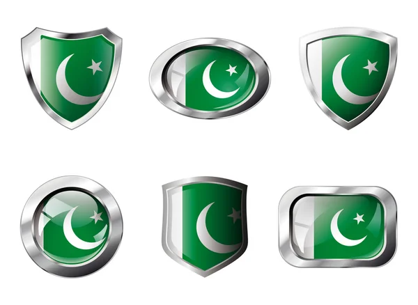 Pakistán establece botones brillantes y escudos de bandera con marco de metal — Vector de stock