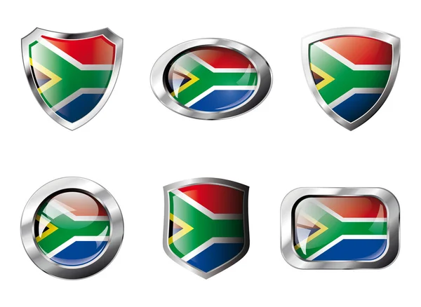 South africa set shiny buttons and shields of flag with metal fr — Stock Vector