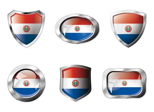 Paraguay set shiny buttons and shields of flag with metal frame — Stock Vector