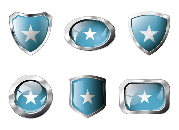 Somalia set shiny buttons and shields of flag with metal frame - — Stock Vector
