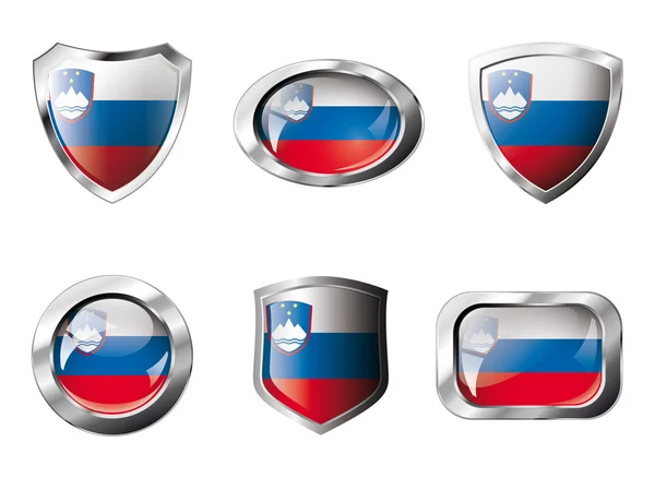 Slovenia set shiny buttons and shields of flag with metal frame — Stock Vector