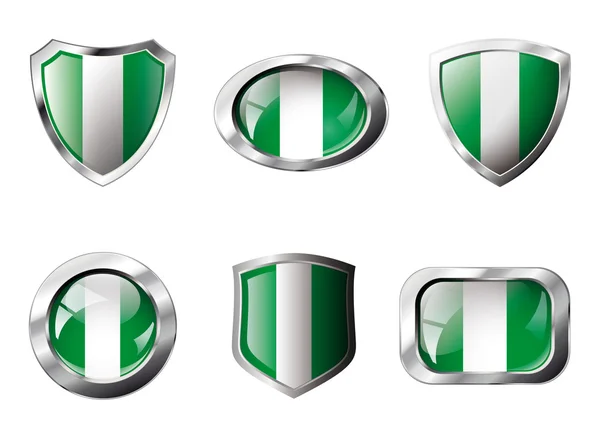 Nigeria set shiny buttons and shields of flag with metal frame - — Stock Vector