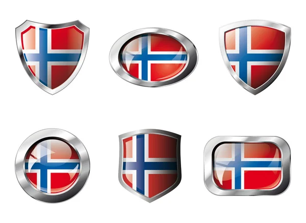 Norway set shiny buttons and shields of flag with metal frame - — Stock Vector