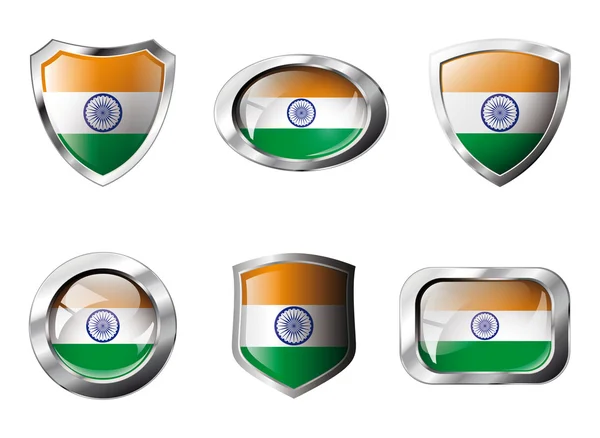 India establece botones brillantes y escudos de bandera con marco de metal - v — Vector de stock