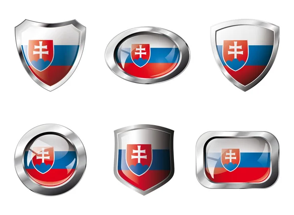 Slovakia set shiny buttons and shields of flag with metal frame — Stock Vector