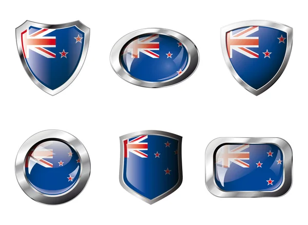 New zealand set shiny buttons and shields of flag with metal fra — Stock Vector