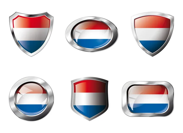 Conjunto de botones brillantes y escudos de bandera con marco de metal - vector — Vector de stock