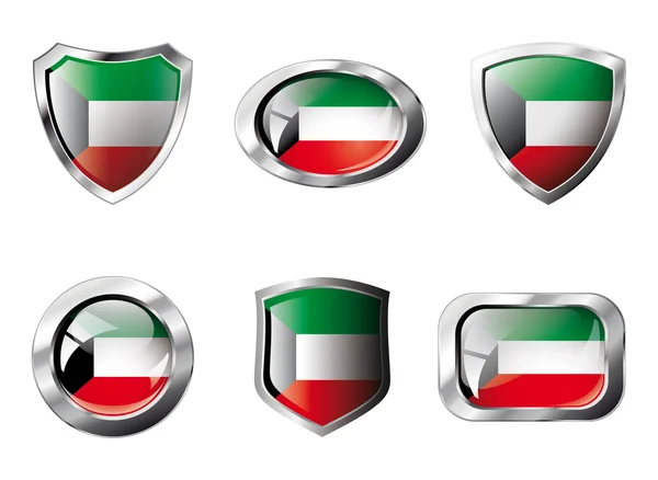 Kuwait setzte glänzende Knöpfe und Wappen der Flagge mit Metallrahmen - — Stockvektor
