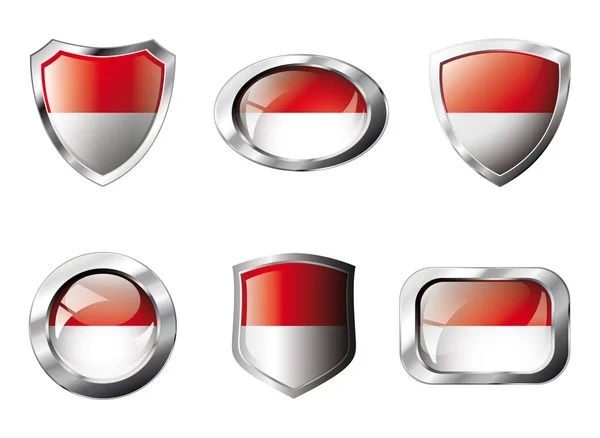 Indonesia set shiny buttons and shields of flag with metal frame — Stock Vector