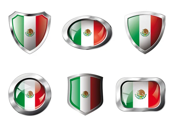 stock vector Mexico set shiny buttons and shields of flag with metal frame -