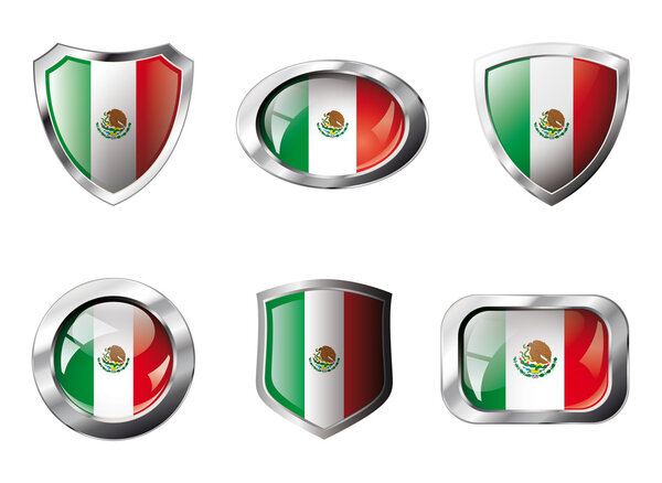 Mexico set shiny buttons and shields of flag with metal frame -