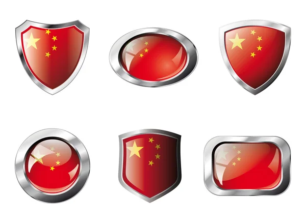 China set shiny buttons and shields of flag with metal frame - v — Stock Vector