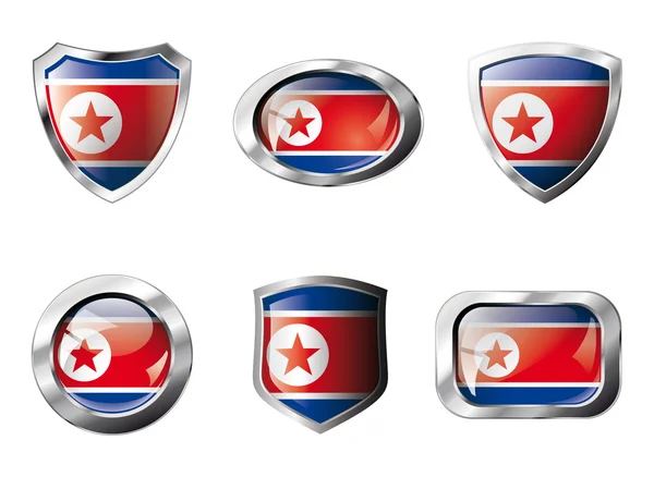 Corea DPR set botones brillantes y escudos de bandera con marco de metal — Vector de stock