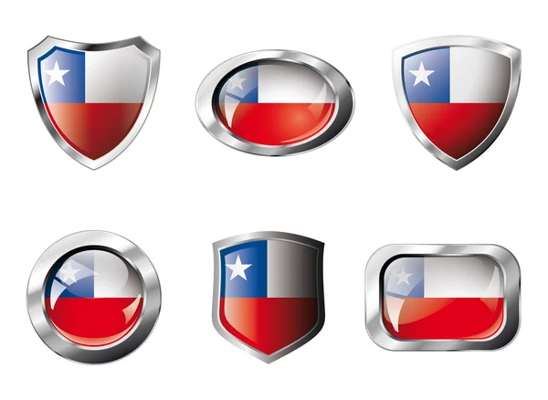 Chile set shiny buttons and shields of flag with metal frame - v — Stock Vector