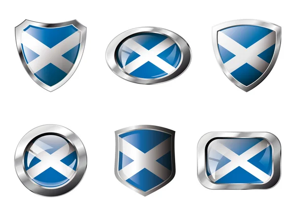 Scozia set pulsanti lucidi e scudi di bandiera con telaio in metallo — Vettoriale Stock
