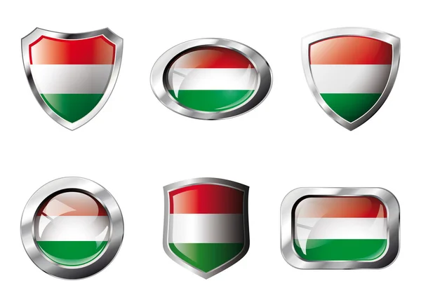 Hungary set shiny buttons and shields of flag with metal frame - — Stock Vector